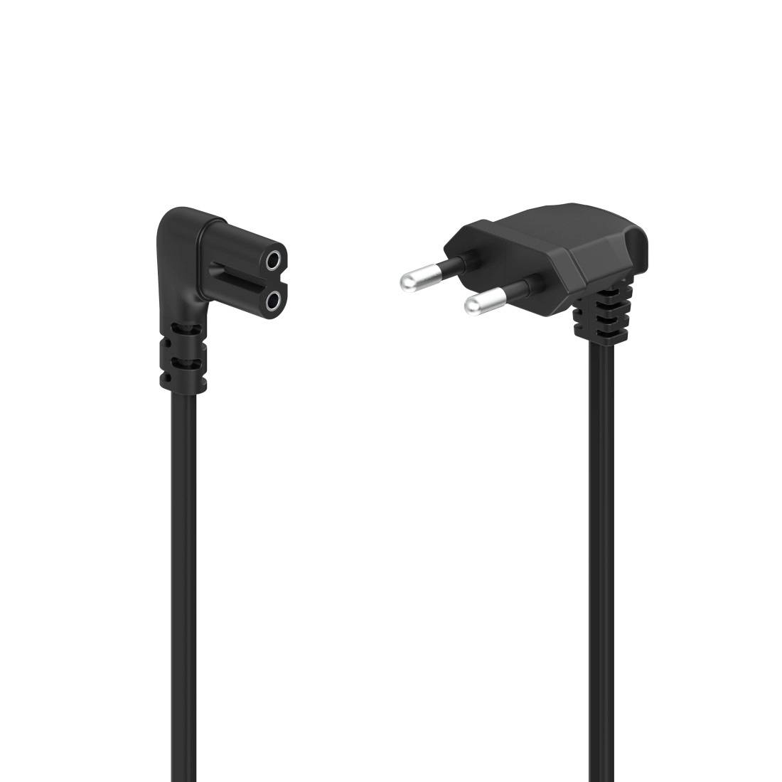 Netzkabel: eine zweipolige Buchse links und ein Eurostecker rechts, verbunden durch ein schwarzes Kabel. Geeignet für Elektrogeräte.