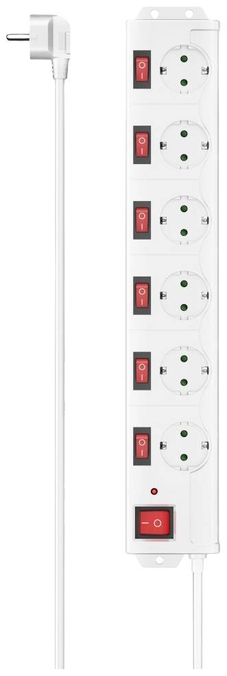 Eine weiße Steckdosenleiste mit sechs Steckplätzen, einzeln schaltbar, und einem langen Netzkabel.