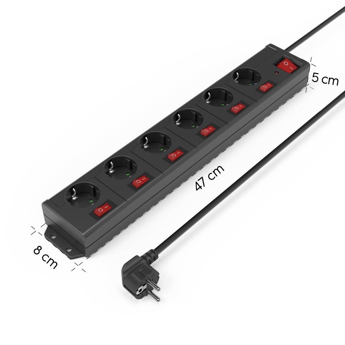 Schwarze Steckdosenleiste mit sechs Steckplätzen und Kippschaltern, 47 cm lang. Kabel mit Stecker, 5 cm breit und 8 cm tief.