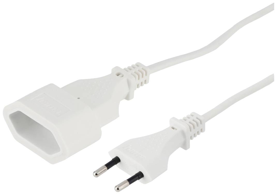 Ein weißes Verlängerungskabel mit einem zweipoligen Stecker und einer Steckdose, geeignet für europäische Steckdosen.