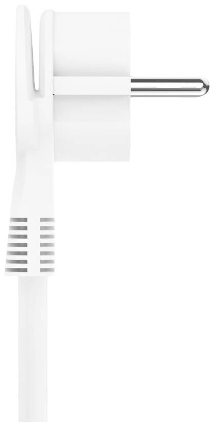 Seitenansicht eines weißen Eurosteckers mit Kabel, geeignet für europäische Steckdosen, zeigt Details der Stiftanordnung.