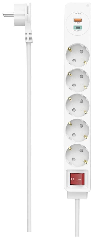 Eine weiße Steckdosenleiste mit sechs Schuko-Steckplätzen, zwei USB-Anschlüssen und einem roten Ein-/Aus-Schalter.