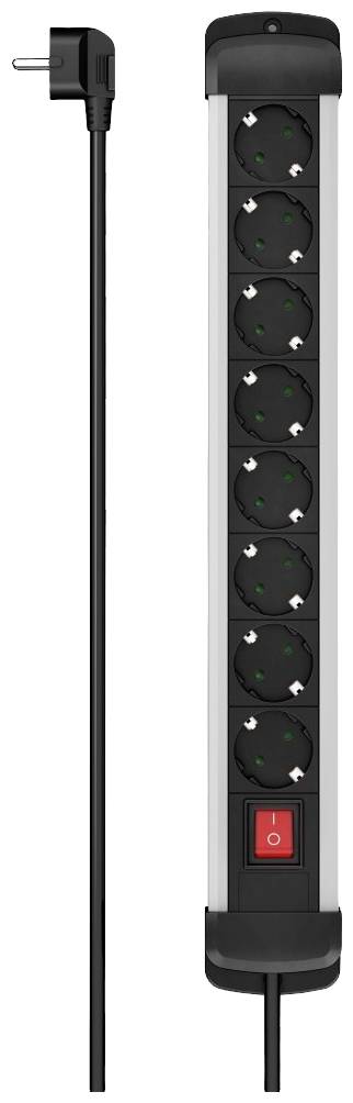 Eine schwarze Steckdosenleiste mit acht Steckplätzen, langem Kabel und rotem Ein-/Ausschalter, vertikal dargestellt.