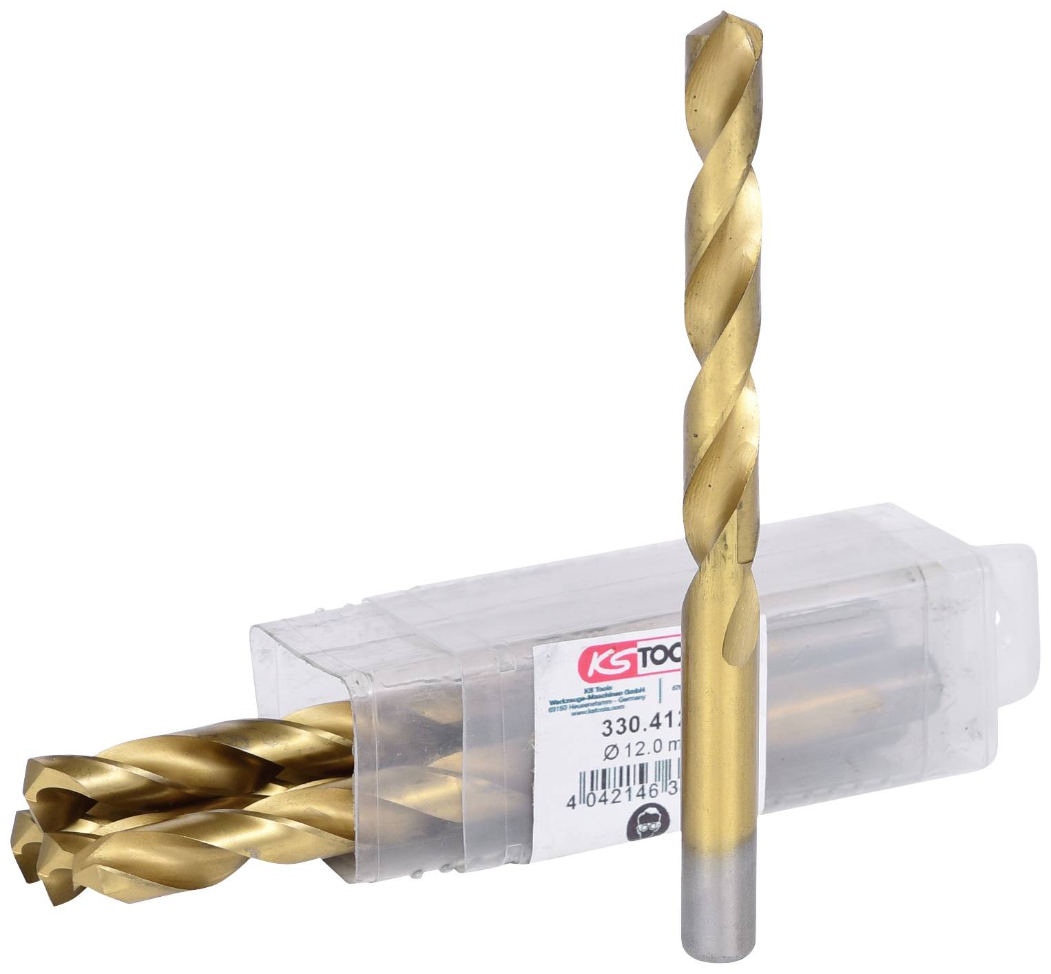 Bohrer aus Metall mit goldener Beschichtung, vor einer transparenten Plastikverpackung mit mehreren Bohrern.