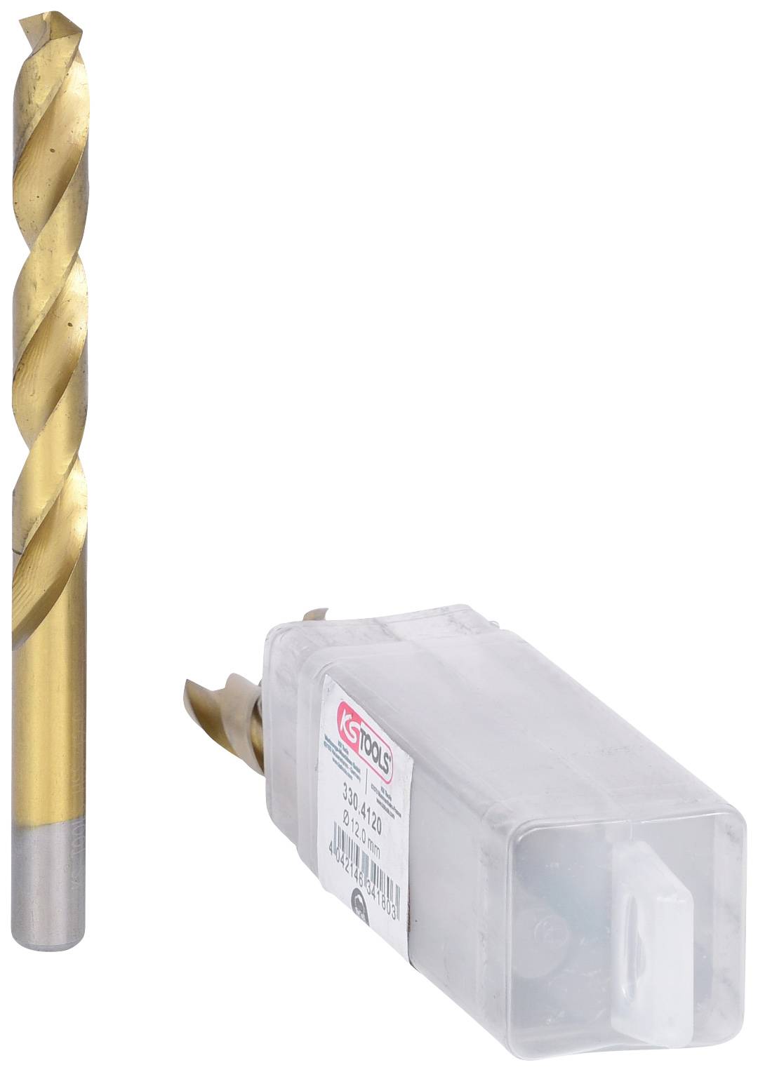 Bohrer neben Kunststoffverpackung, Bohrer teils goldfarben, Metallspitze sichtbar, Verpackung durchsichtig mit Etikett.