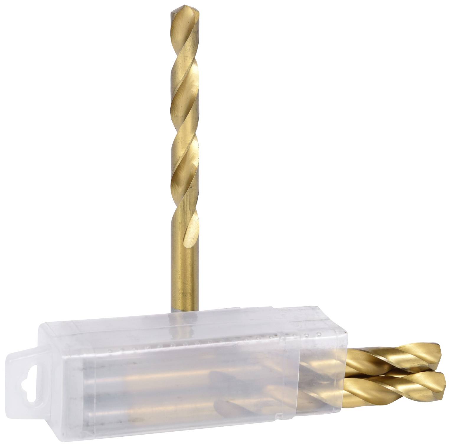 Ein Satz goldfarbener Spiralbohrer aus Metall in einer durchsichtigen Kunststoffverpackung, geeignet für präzises Bohren in Metall.