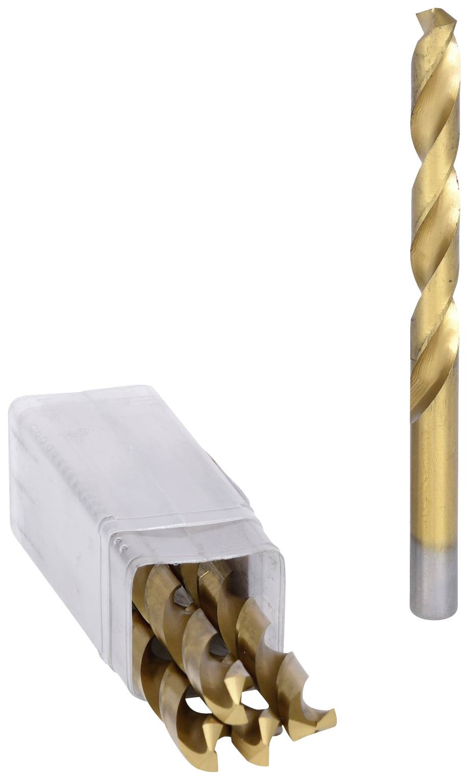 Ein Set goldfarbener Metallbohrer in einem transparenten Etui, daneben ein einzelner Bohrer stehend.