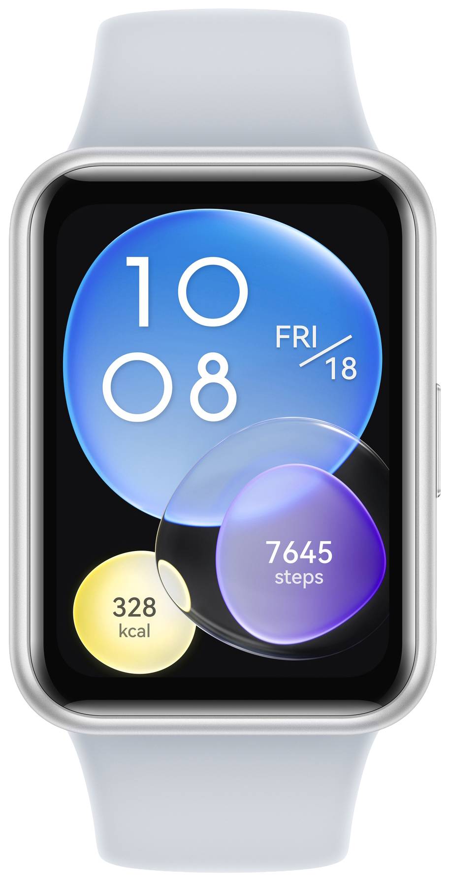 Eine Smartwatch mit digitaler Anzeige. Zeigt Uhrzeit '10:08', Datum 'Fr 18', Schritte '7645' und Kalorien '328 kcal'. Blaues und gelbes Blasendesign.