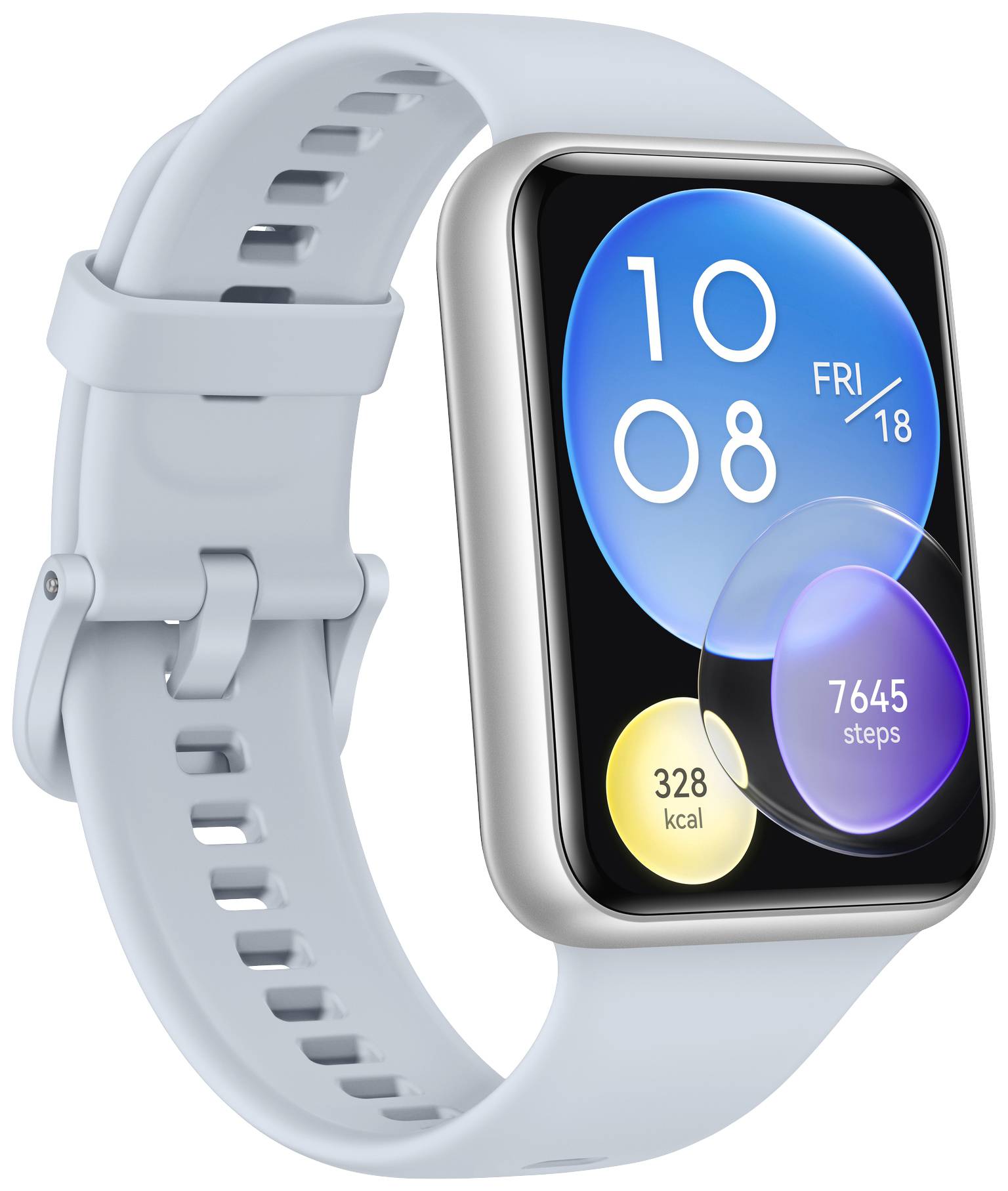 Eine Smartwatch mit weißem Armband zeigt auf dem Bildschirm die Uhrzeit 10:08, Datum Freitag 18, 7645 Schritte und 328 Kalorien an.