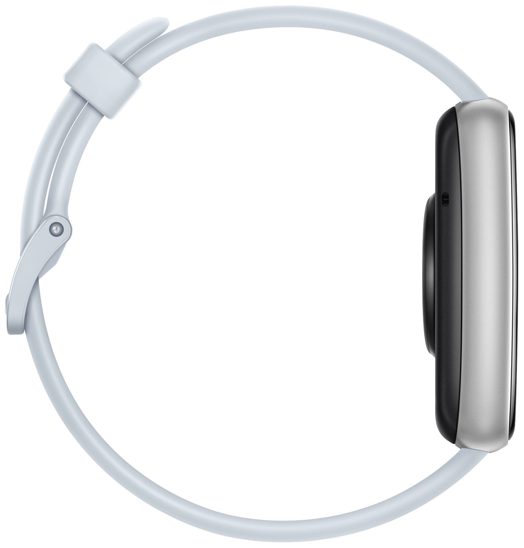 Smartwatch mit rundem Display und hellblauem Armband, seitliche Ansicht.