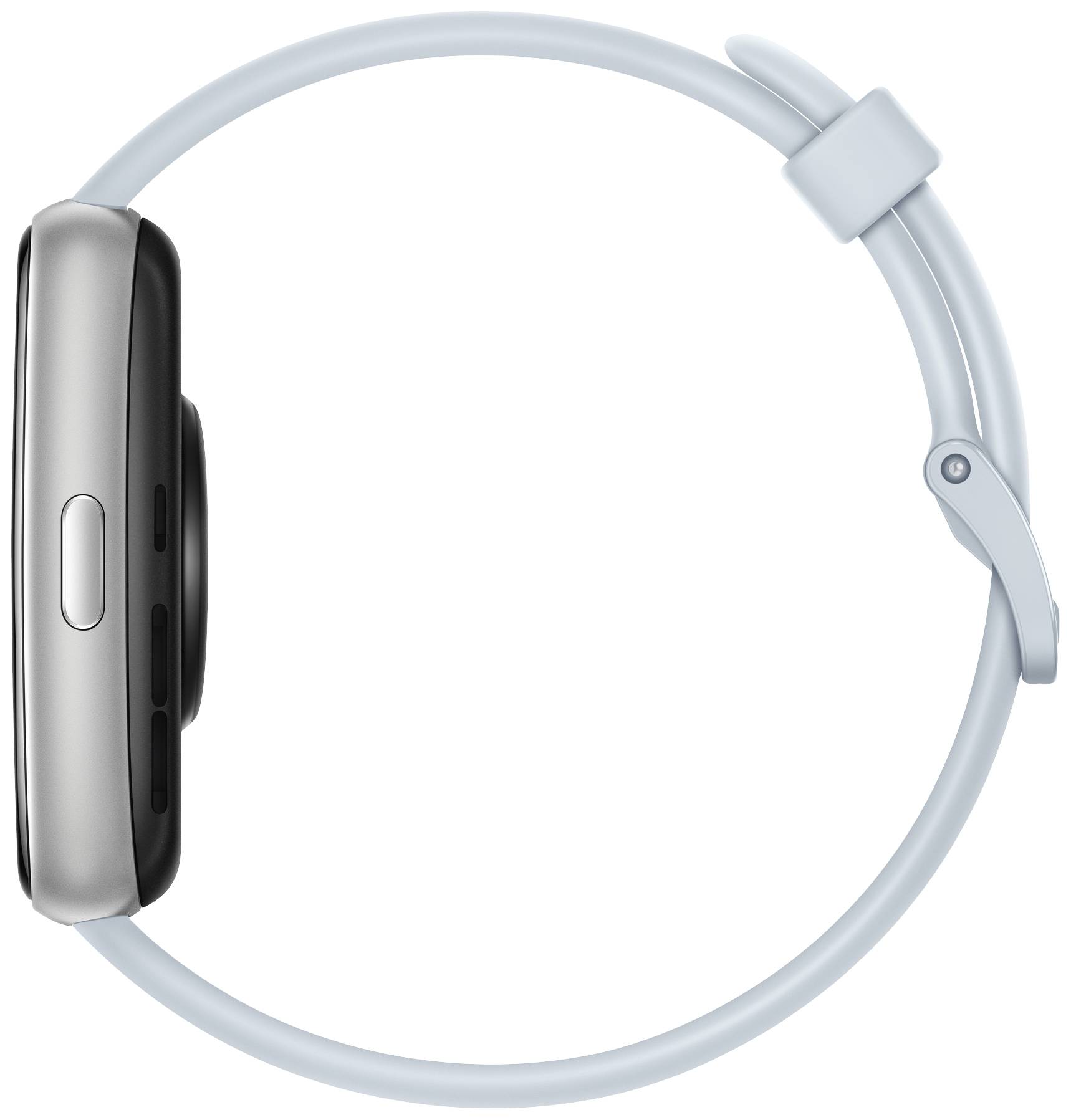 Seitenansicht einer Smartwatch mit rundem Zifferblatt und hellblauem Armband.