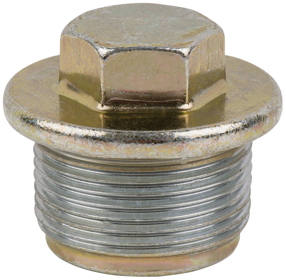 Eine metallene sechseckige Schraube mit Gewinde, aus glänzendem Material.