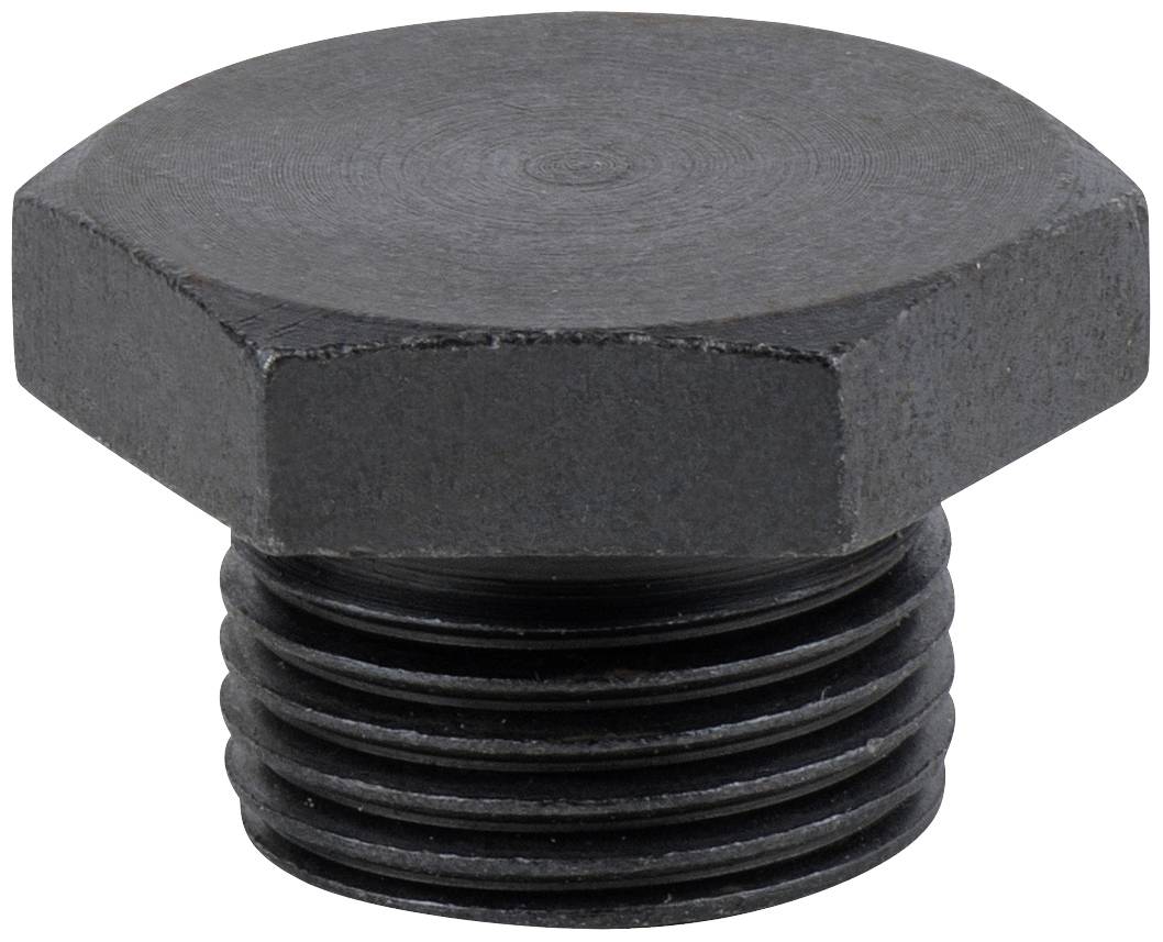 Ein sechseckiger, schwarzer Stahlschraubverschluss mit Gewinde, wahrscheinlich für industrielle oder mechanische Anwendungen.