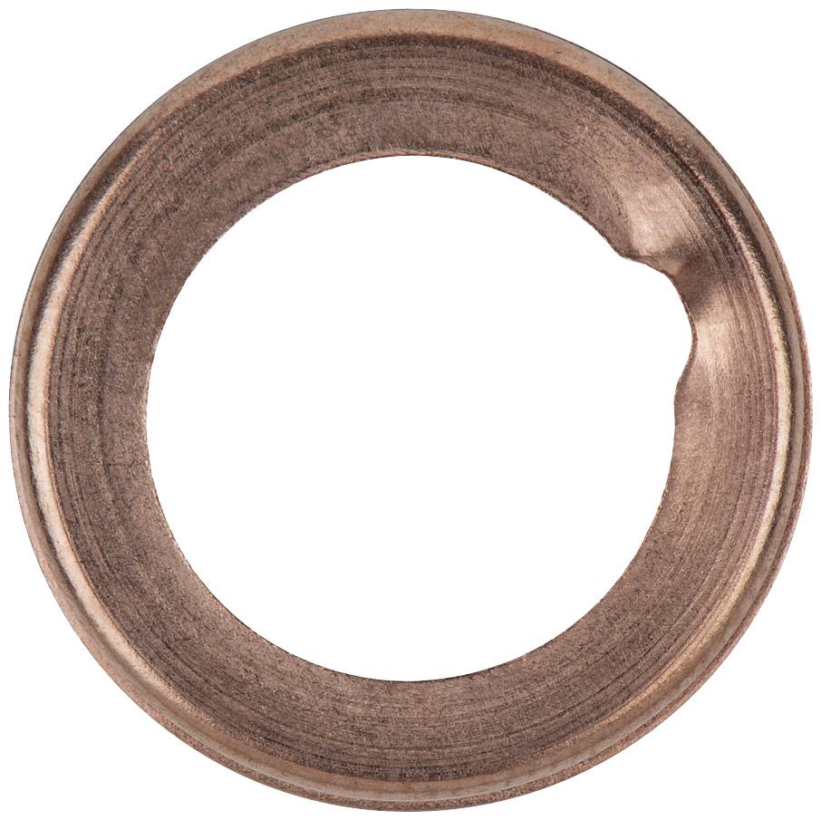 Ein kreisförmiger, kupferfarbener Metallring mit glatter Oberfläche und einer kleinen Kerbe an der oberen rechten Seite.