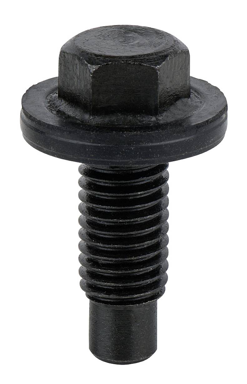 Eine schwarze Sechskantschraube mit integriertem Flansch und Gewinde. Geeignet für mechanische Verbindungen.