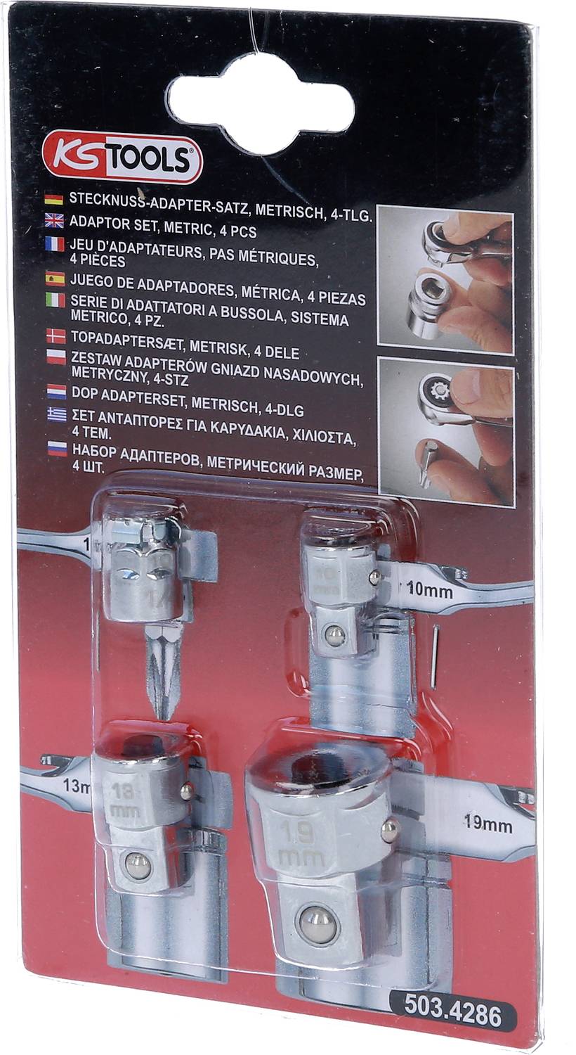 Verpackung mit einem 4-teiligen metrischen Stecknuss-Adapter-Set von KS Tools. Adapter sind in verschiedenen Größen gezeigt.