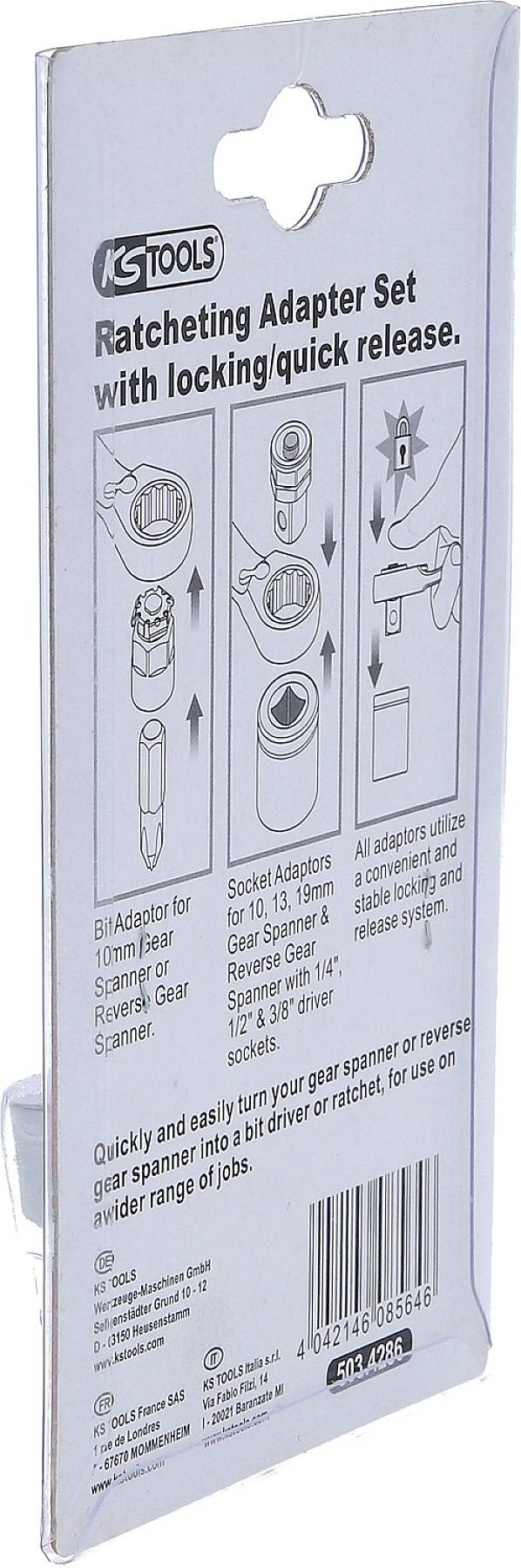'Ratcheting Adapter Set' Verpackung. Zeigt Anleitungen zur Verwendung mit Illustrationen: Adapter einstecken, Verriegelung drehen. Markenname oben, Strichcode unten.