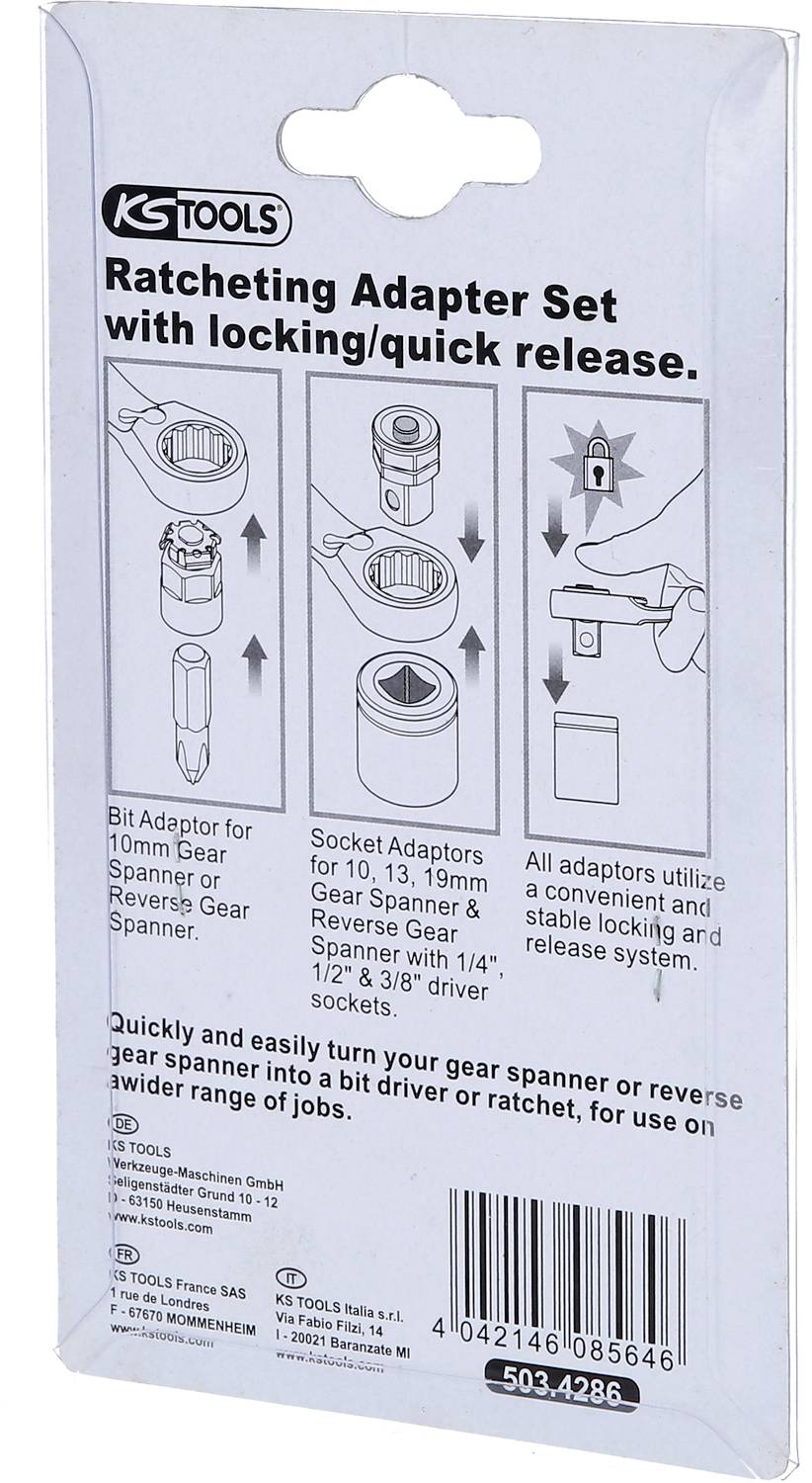 'KS Tools Ratschadapter-Set mit Verriegelung/Schnellfreigabe' auf Verpackung. Enthält Bit-Adapter, Steckadapter. Für Schlüssel 10, 13, 19 mm.