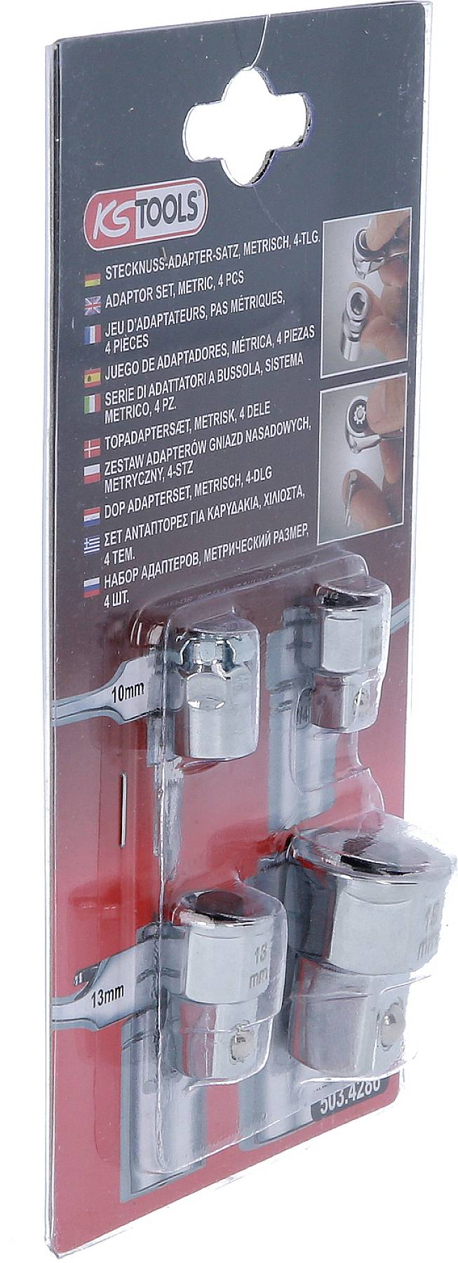 Verpackung mit Steckdosenadaptern von KS Tools, zeigt vier Adapter aus Metall. Etikett mit Produktname und technischen Details.