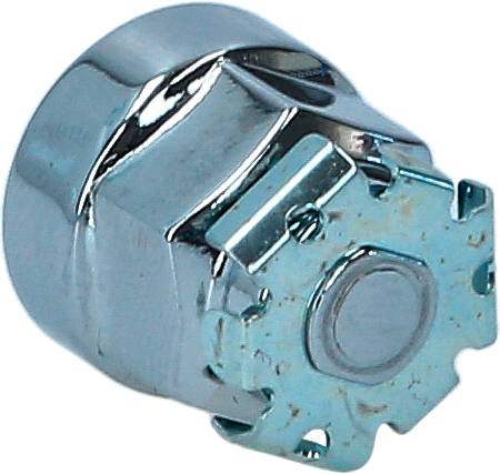 Rundes, glänzendes Metallteil mit gezacktem Rand und Mechanismus in der Mitte, möglicherweise ein Verschlussteil oder Drehknopf.