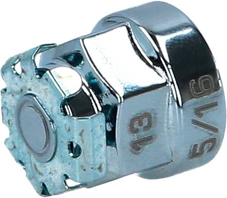 Metallene Sechskantmutter mit Abrundungen und eingesetztem Magnetkern, auf dem das Maß '5/16' und '13' eingeprägt ist.