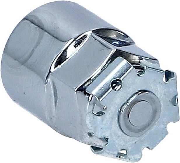 Metallschraube mit sechseckigem Kopf, glatt glänzend. Bestandteil eines Werkzeugs oder Maschinenbauteils.