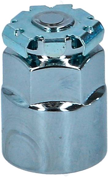 Silberne Schraubensicherungsmutter mit sechseckigem Design und einer glänzenden, metallischen Oberfläche.