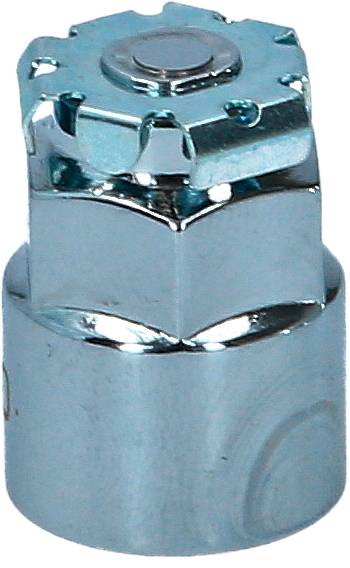 Silberne, metallische Schutzkappe mit sechseckiger Form und sternförmigem oberen Teil, oft verwendet zur Sicherung von Schrauben.