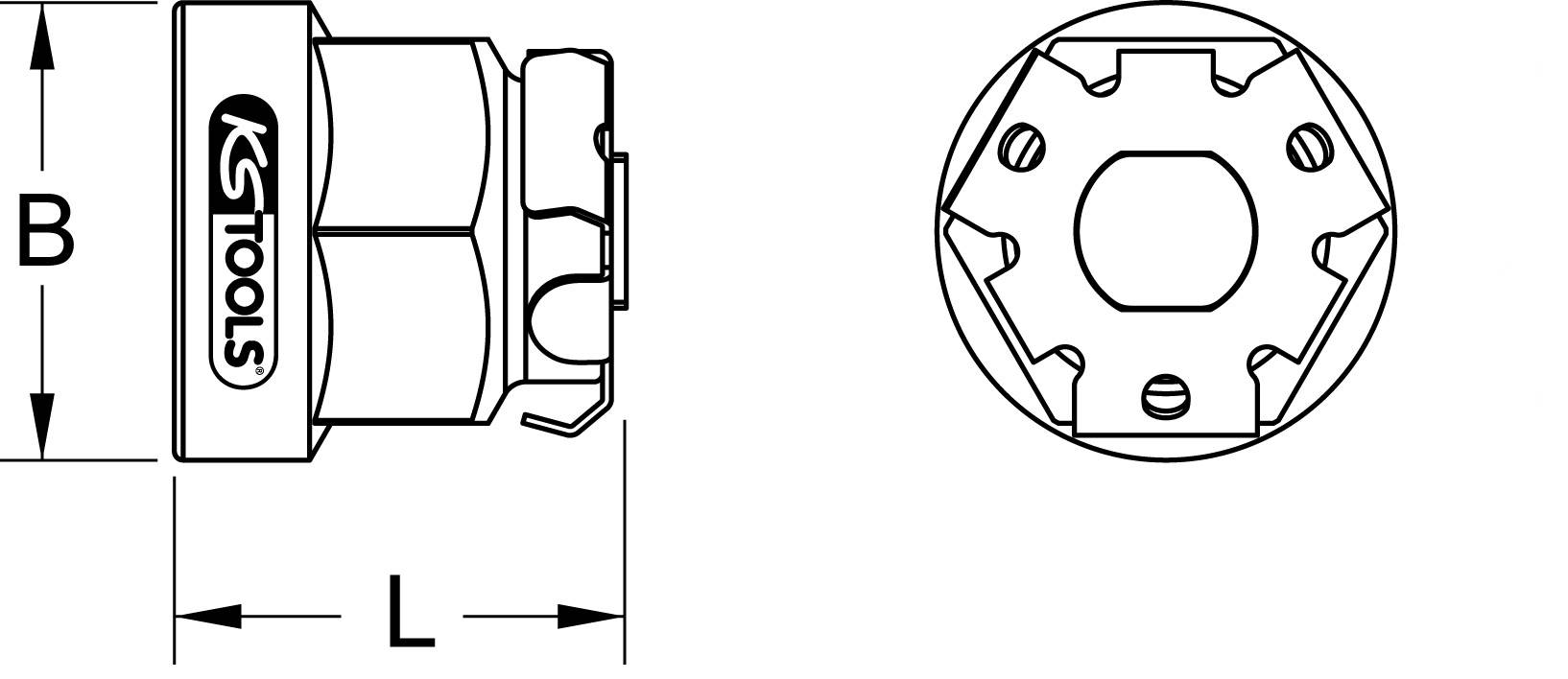 'KS Tools' Schraubenaufsatz, seitliche und oberen Ansicht. Zeigt technische Details und Abmessungen L und B.