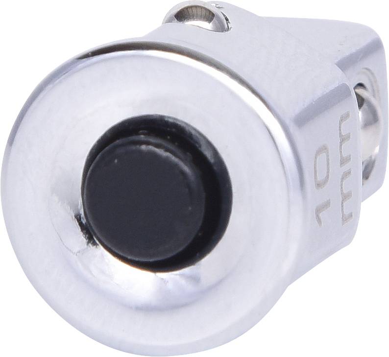 Ein silberner Adapter mit schwarzem Knopf und der Gravur '10 mm' an der Seite, vermutlich aus Metall.