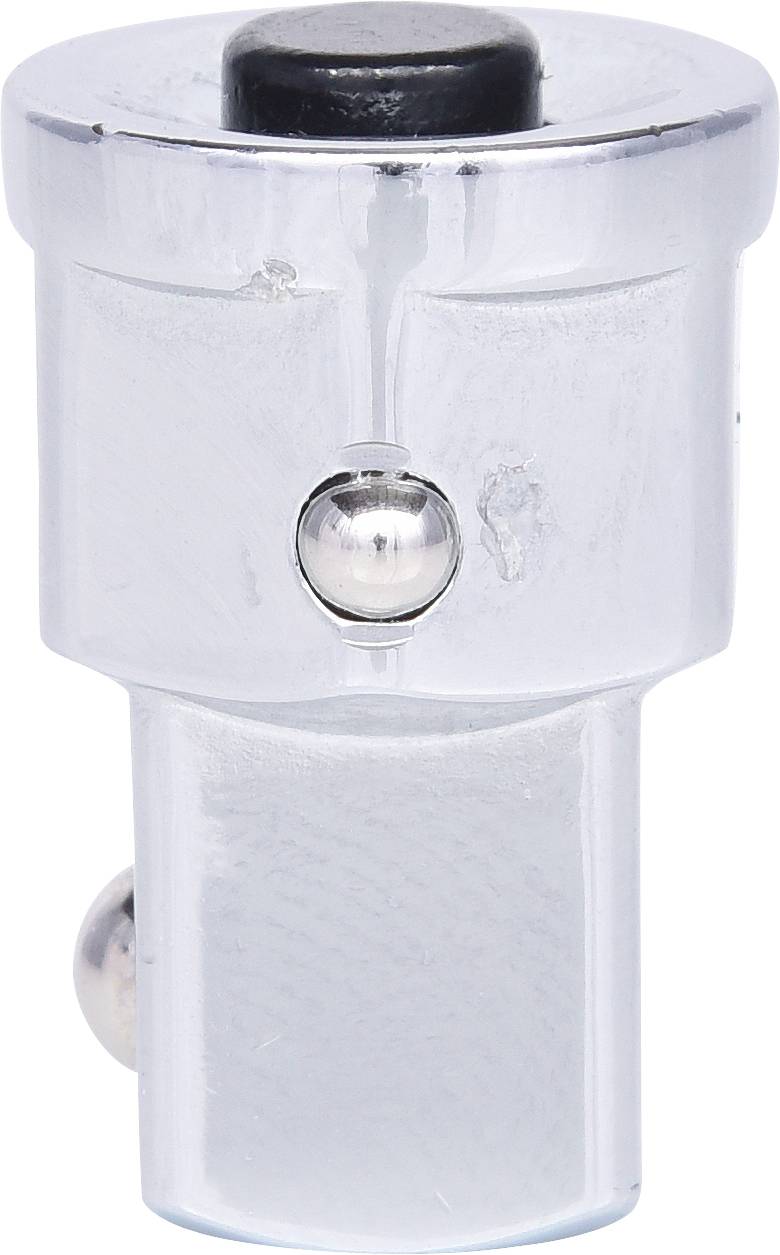 Silberner Steckschlüssel-Adapter mit Verriegelungskugel, zum Verbinden von Stecknüssen mit Werkzeugen, zeigt glatte, metallische Oberfläche.