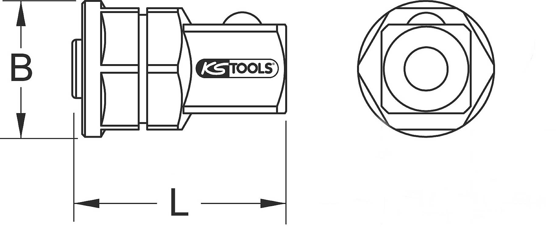 Technische Zeichnung eines Werkzeugs mit KS-Tools-Logo. Zeigt zwei Ansichten mit Beschriftungen 'B' und 'L' für Abmessungen.
