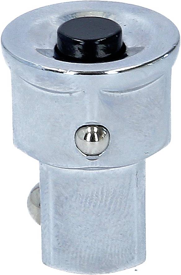 Metalladapter mit einem schwarzen Knopf auf der Oberseite, zeigt ein mechanisches Verbindungselement mit einem Kugelmechanismus.