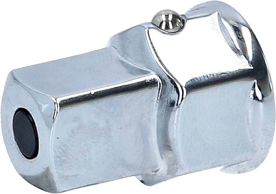 Eine silberne Metallmutter mit einer runden, schwarzen Kappe auf einer Seite. Sie ist sechseckig mit glatten Oberflächen.