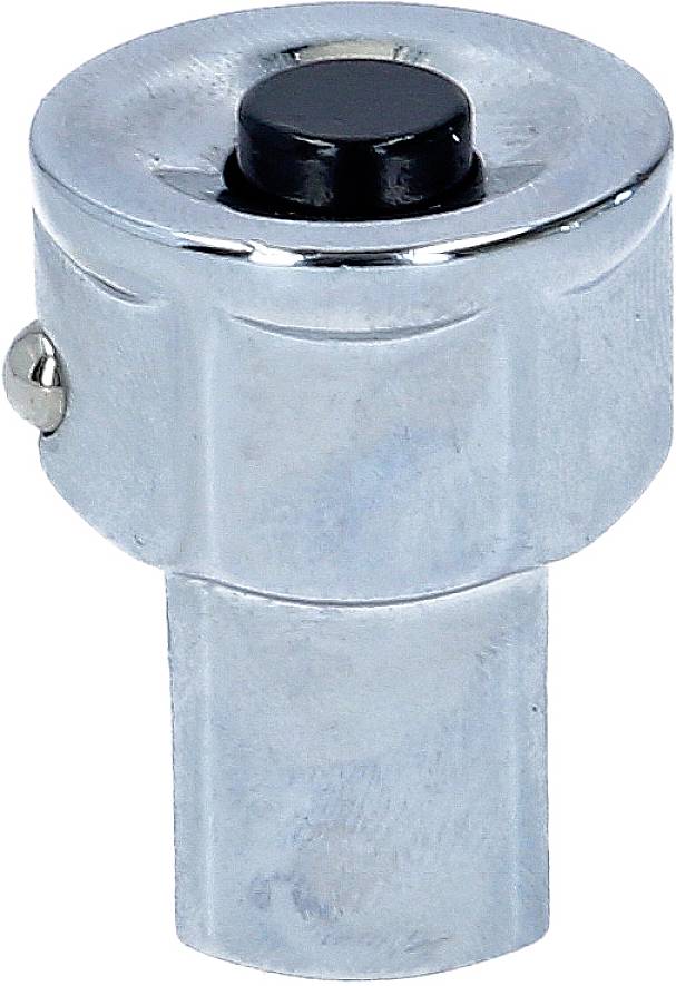 Metallischer Magnetsensor, zylindrisch, mit schwarzem Knopf oben, benutzt in Sicherheitssystemen zur Positionsüberwachung.