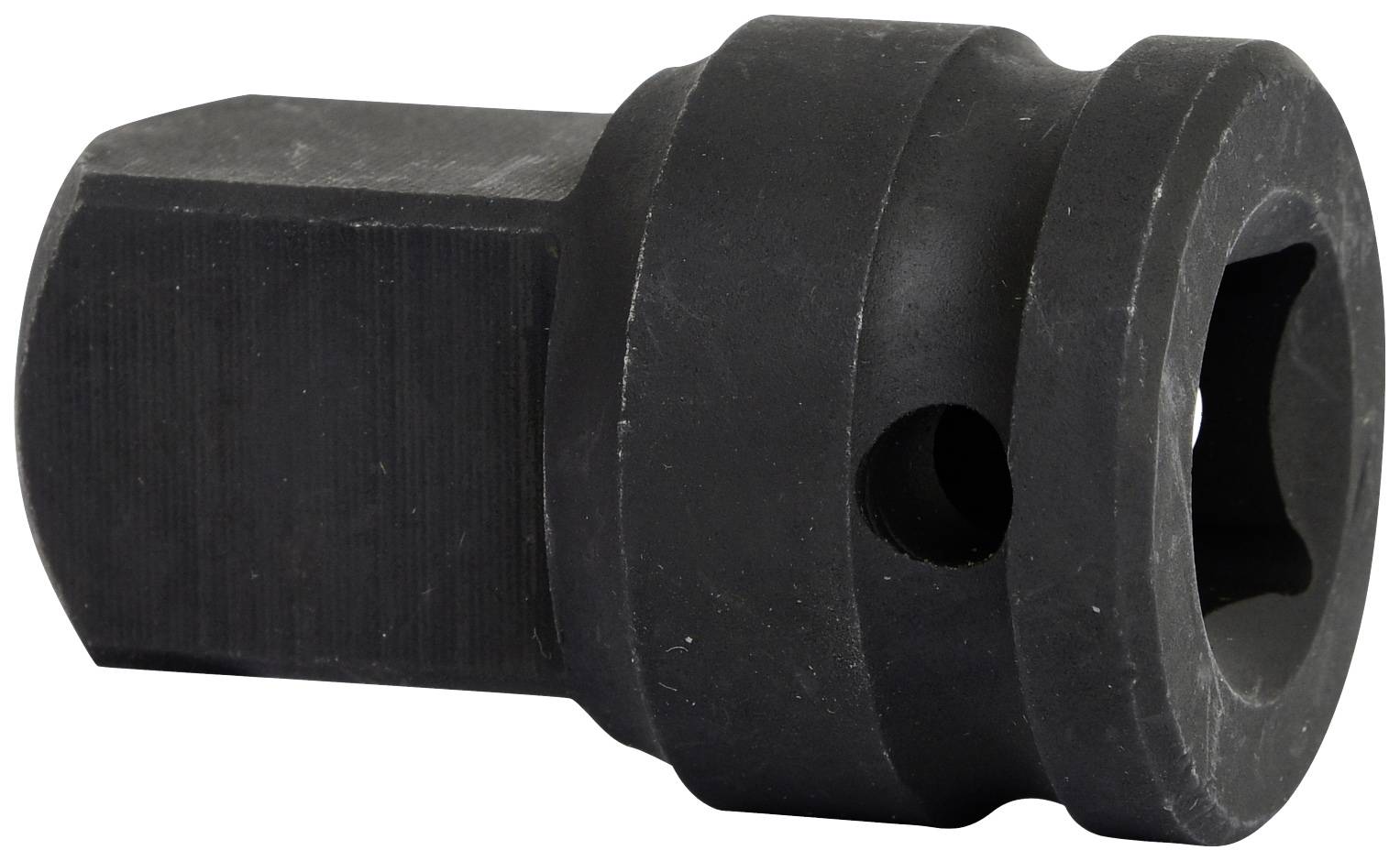 Schwarzes Steckschlüssel-Adapter-Werkzeug mit sechseckiger und runder Form, geeignet für mechanische oder handwerkliche Arbeiten.