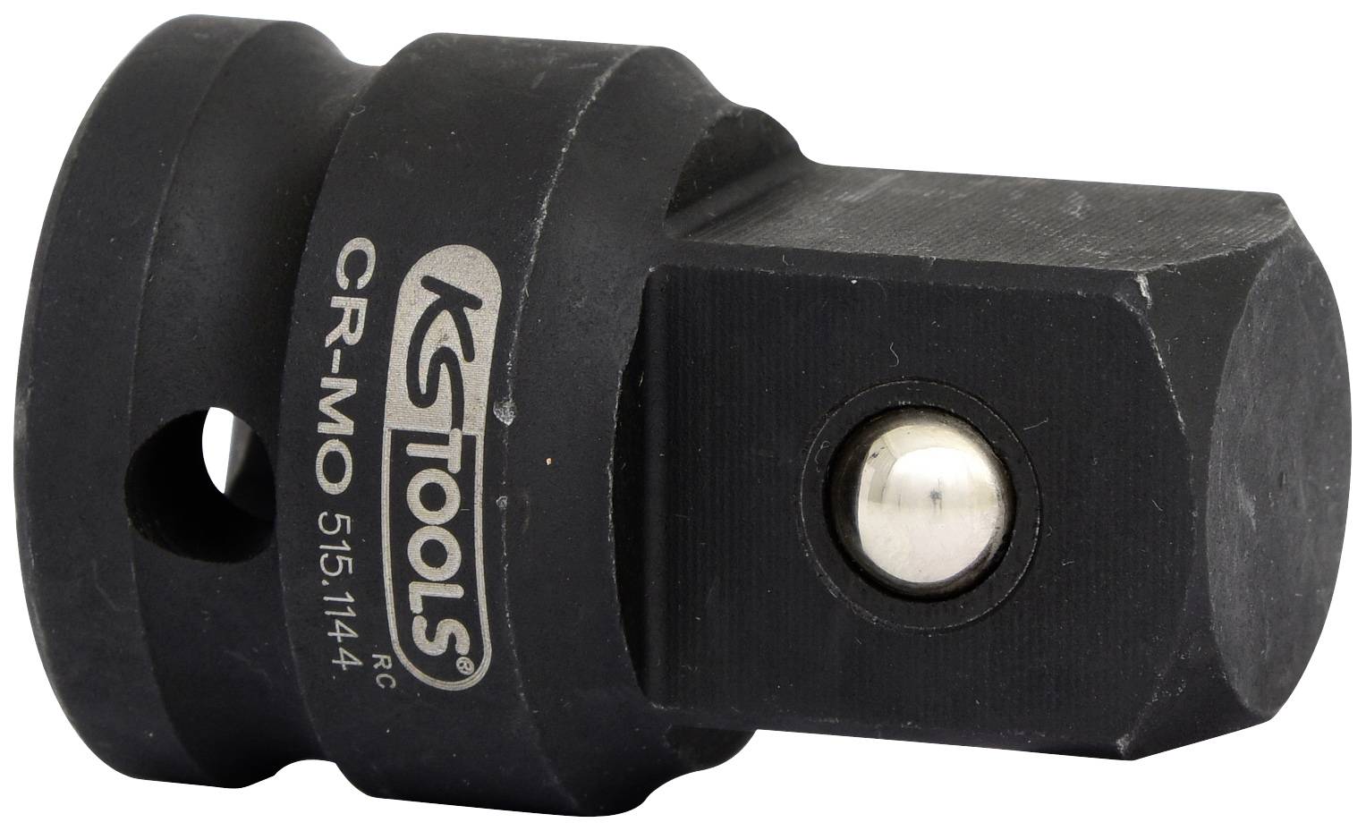 Ein schwarzer Adapter mit der Aufschrift 'KS Tools CR-MO 515.1144', robust gebaut, mit einem runden Metallteil an der Seite.