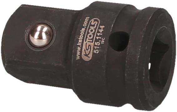 Ein Adapterwerkzeug aus Metall, möglicherweise ein Steckschlüsseladapter, mit runden Kanten und einer eingestanzten Markenaufschrift.