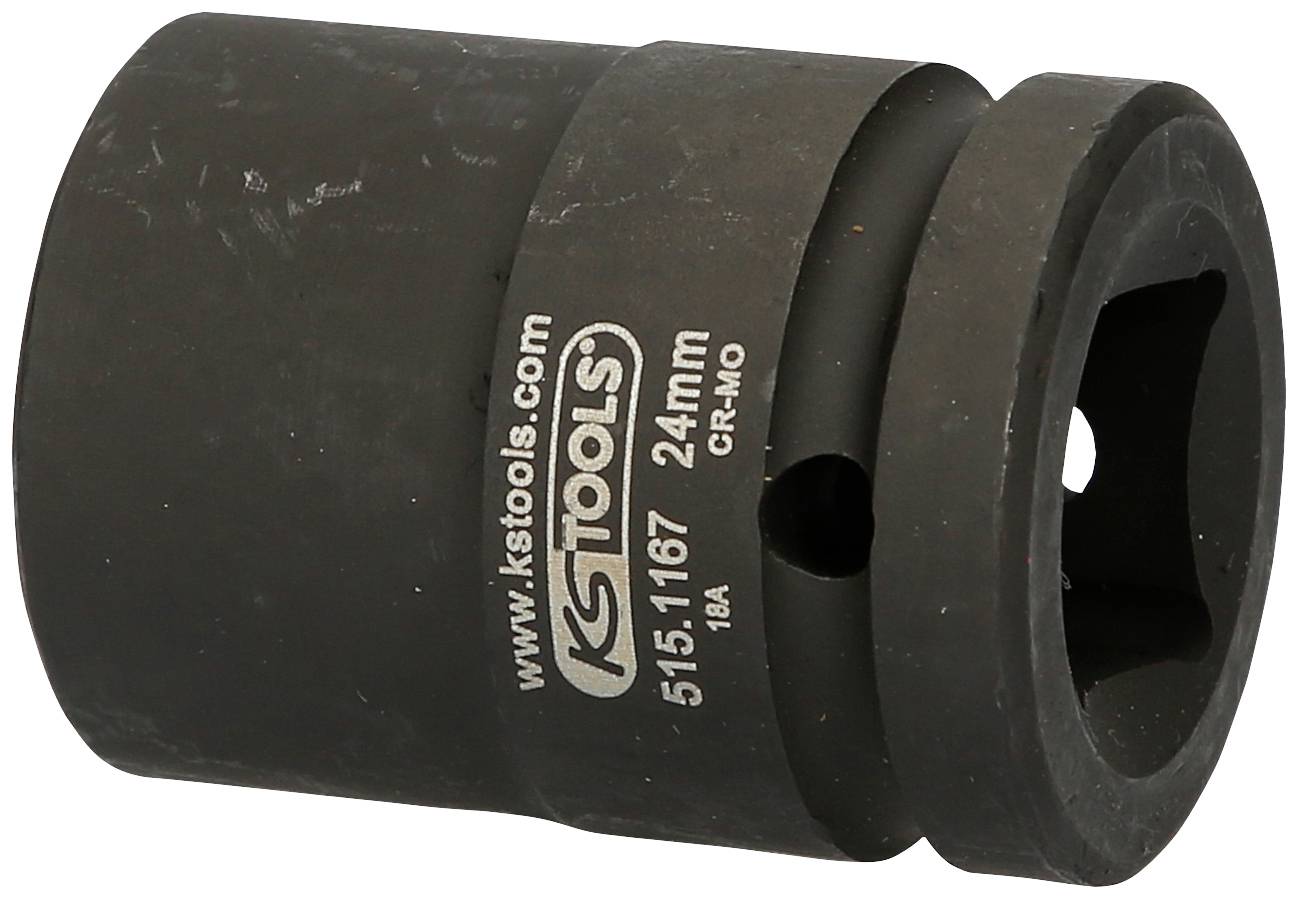Eine schwarze Stecknuss mit Aufschrift 'KS TOOLS 24 mm'. Sie ist metallisch und hat ein sechseckiges Ende zur Befestigung an Werkzeugen.