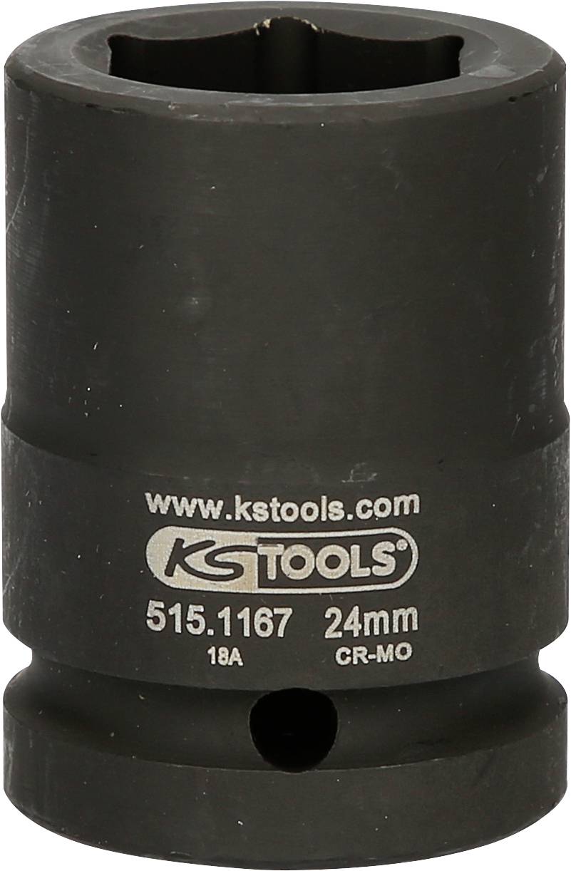 Stecknuss von KS Tools mit Aufschrift 'www.kstools.com 515.1167 24mm 18A CR-MO' in dunkler Farbgebung, industrieller Einsatz.
