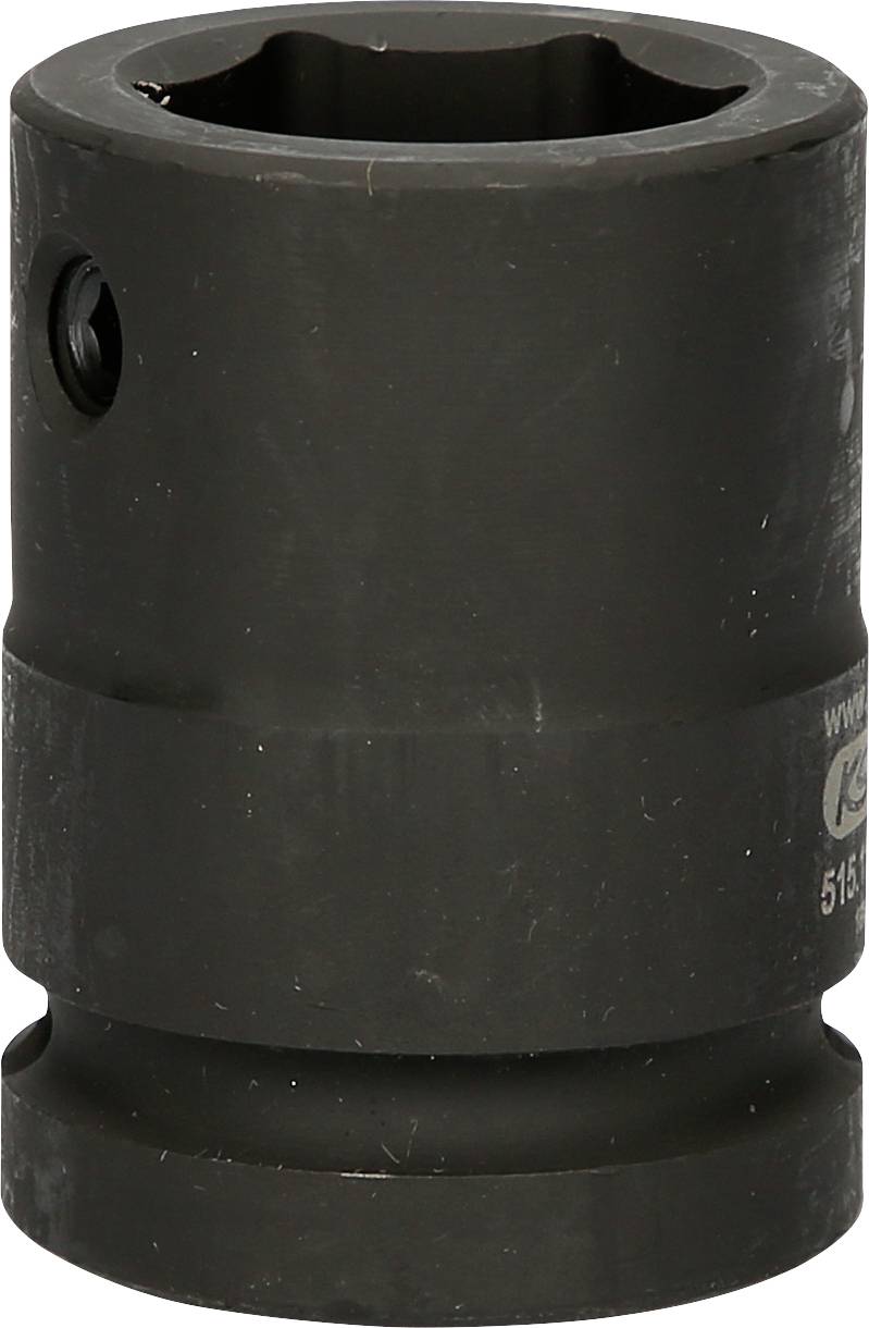 Ein schwarzer Steckschlüssel-Aufsatz aus Metall, zylindrische Form mit seitlicher Öffnung, verwendet für Schraub- und Bolzenarbeiten.