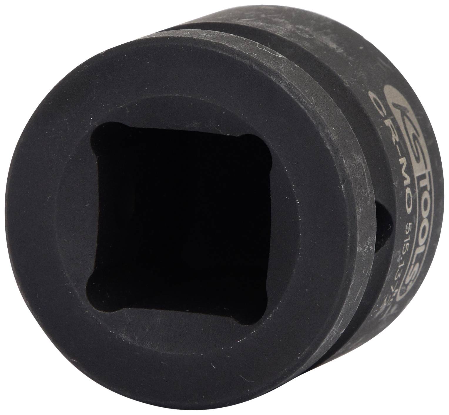 Eine schwarze Stecknuss mit quadratischem Loch, zylindrischer Form, für Werkzeugeinsatz.