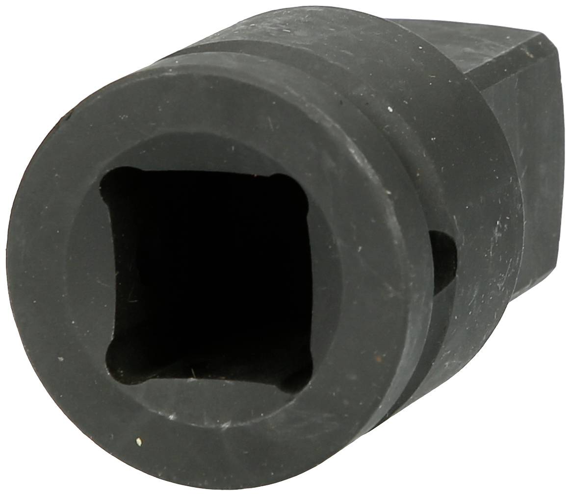 Ein schwarzes, zylinderförmiges Objekt mit einem quadratischen Innenraum, das wie ein Adapter oder eine Steckverbindung aussieht.