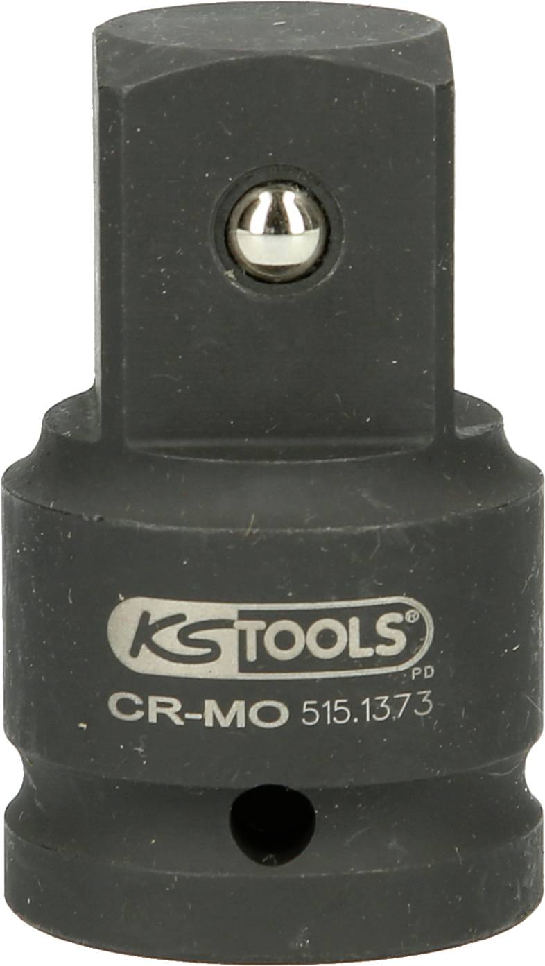 Ein schwarzer Adapter von KS Tools, Modell CR-MO 515.1373, zum Verbinden verschiedener Werkzeugaufsätze, mit robustem Design.