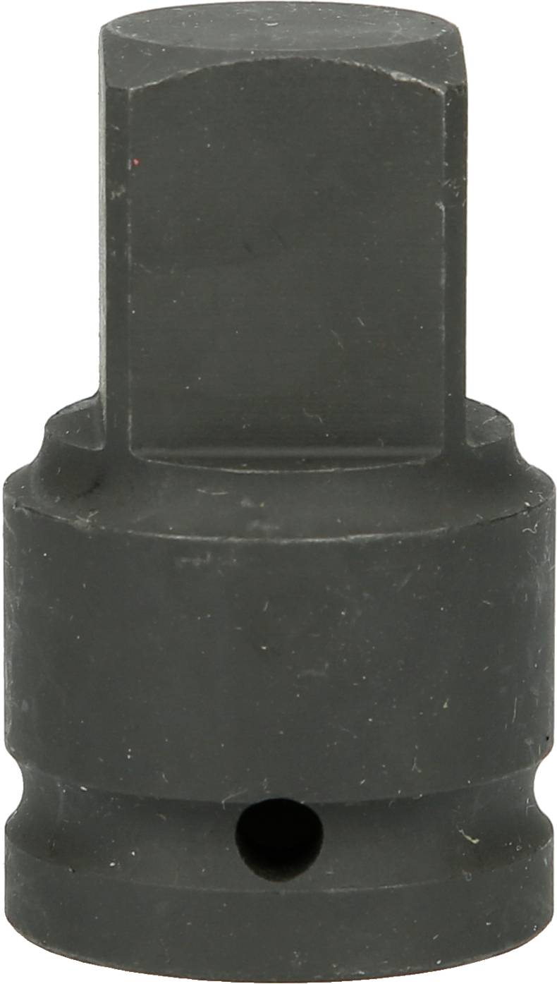 Ein schwarzer Stecknussadapter aus Metall, zylindrische Form mit sechskantigem Ende, geeignet zum Antrieb von Werkzeugen.