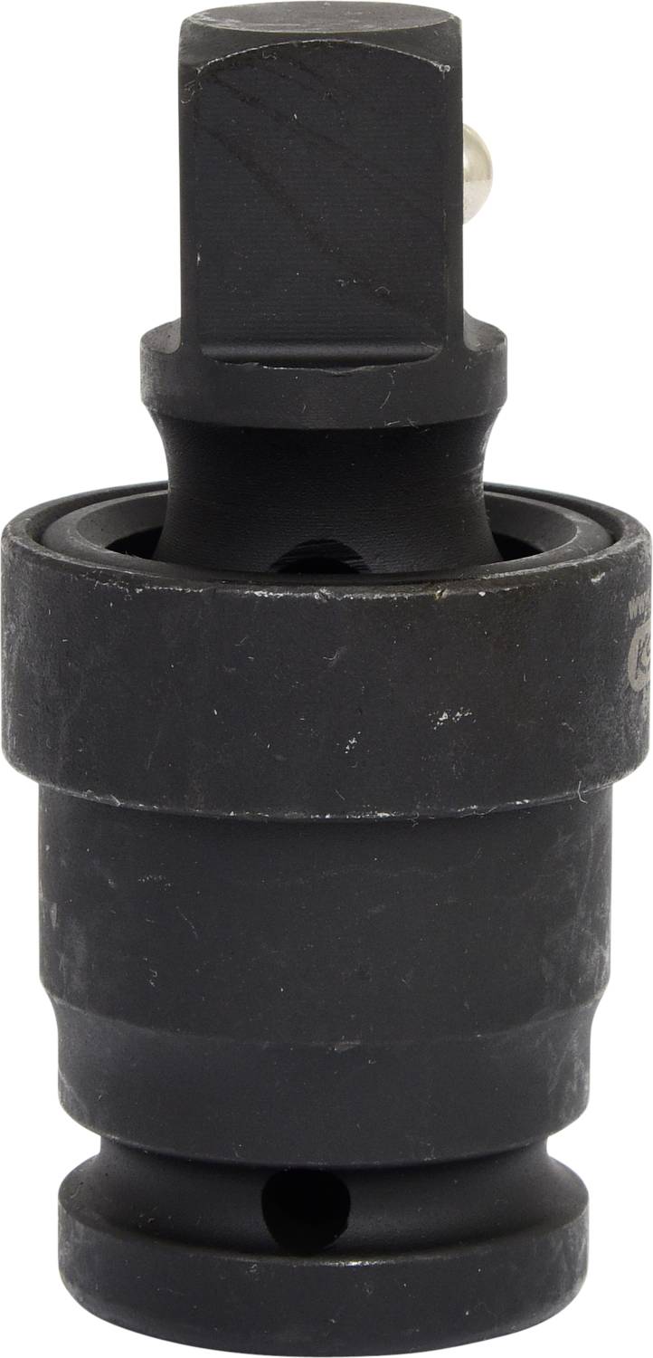 Ein schwarzer Adapter oder Drehkupplung aus Metall, wahrscheinlich ein Werkzeugteil, mit einem quadratischen Steckkopf oben.
