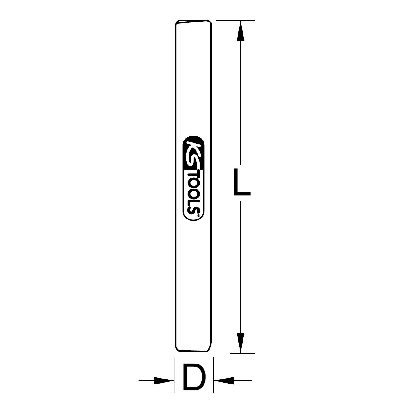 Schwarzes, längliches Werkzeug mit der Aufschrift 'KS Tools'. Maße: Länge (L) und Durchmesser (D) sind angegeben.
