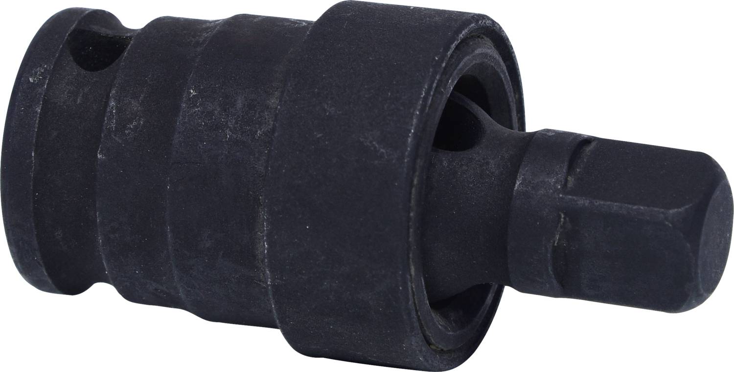 Ein schwarzes Metallwerkzeug mit einem zylindrischen Körper und einem sechseckigen Ende, wahrscheinlich ein Teil eines mechanischen Sets.