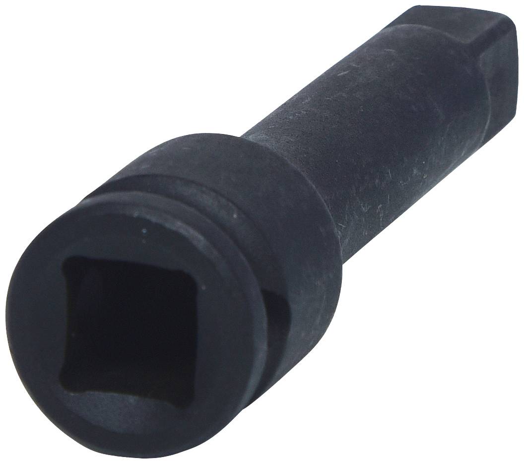 Ein schwarzer Metallwerkzeugadapter mit vierkantiger Öffnung, verwendet zum Anschrauben größerer Stecknüsse an Werkzeuge.
