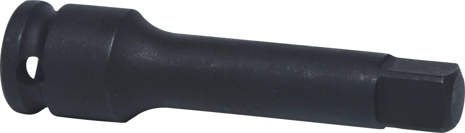 Ein schwarzer Metalladapter mit einer zylindrischen Form, abgerundeten Kanten und einem Loch am Ende, vermutlich für mechanische Befestigungen.